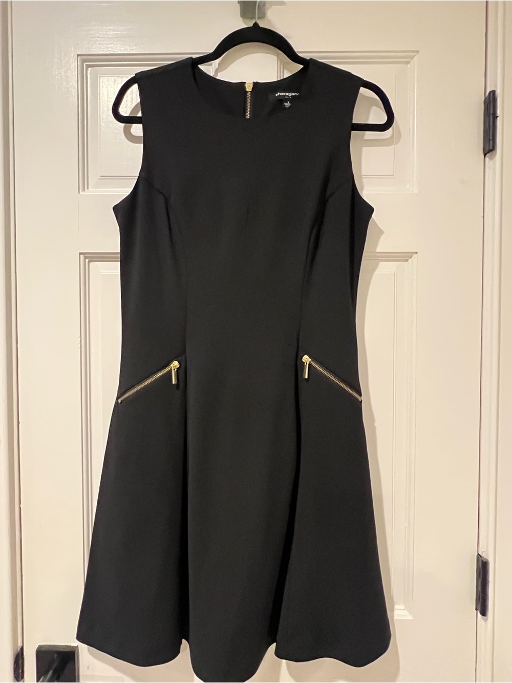 Sharagano Black Sleeveless A-Line Mini Dress with Gold Zipper Accents